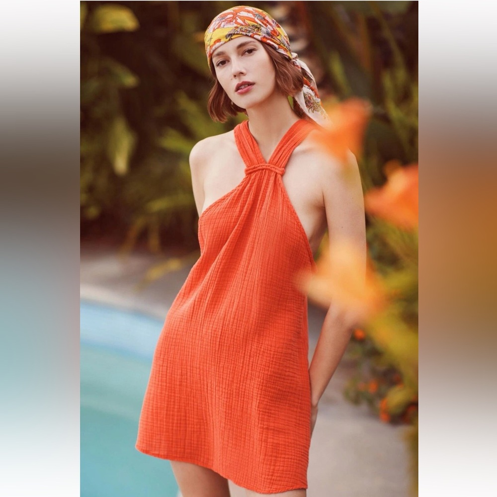 Anthropologie Braided Halter Mini Dress in orange or red cotton gauze 1X